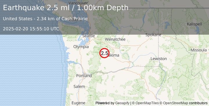 Earthquake WASHINGTON (2.5 ml) (2025-02-20 15:55:10 UTC)