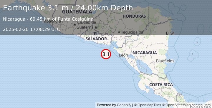 Earthquake OFFSHORE EL SALVADOR (3.1 m) (2025-02-20 17:08:29 UTC)