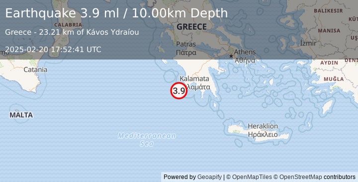 Earthquake SOUTHERN GREECE (4.5 m) (2025-02-20 17:52:39 UTC)