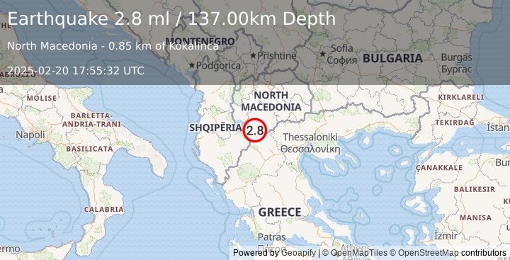 Earthquake REPUBLIC OF NORTH MACEDONIA (2.8 ml) (2025-02-20 17:55:32 UTC)