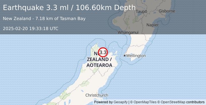 Earthquake SOUTH ISLAND OF NEW ZEALAND (3.3 ml) (2025-02-20 19:33:18 UTC)