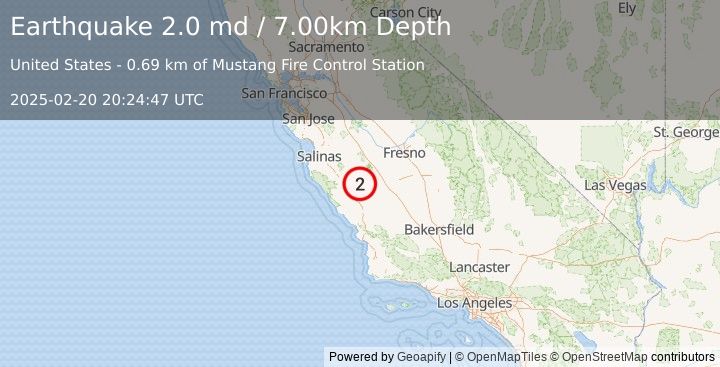 Earthquake CENTRAL CALIFORNIA (2.0 md) (2025-02-20 20:24:47 UTC)