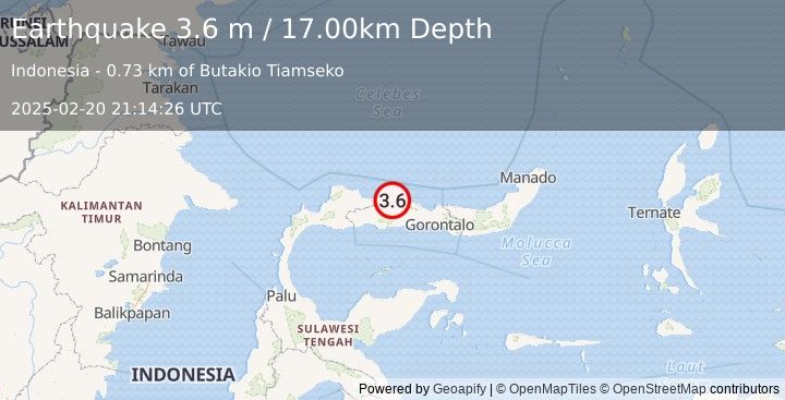 Earthquake MINAHASA, SULAWESI, INDONESIA (3.6 m) (2025-02-20 21:14:26 UTC)