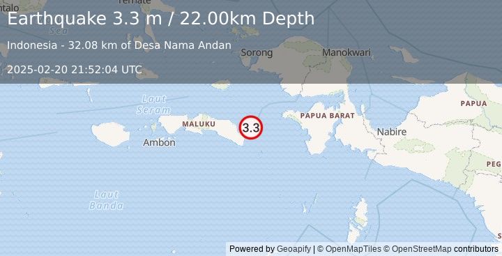 Earthquake CERAM SEA, INDONESIA (3.3 m) (2025-02-20 21:52:04 UTC)