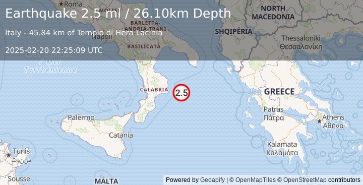 Earthquake SOUTHERN ITALY (2.5 ml) (2025-02-20 22:25:09 UTC)