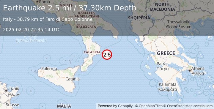 Earthquake SOUTHERN ITALY (2.5 ml) (2025-02-20 22:35:14 UTC)