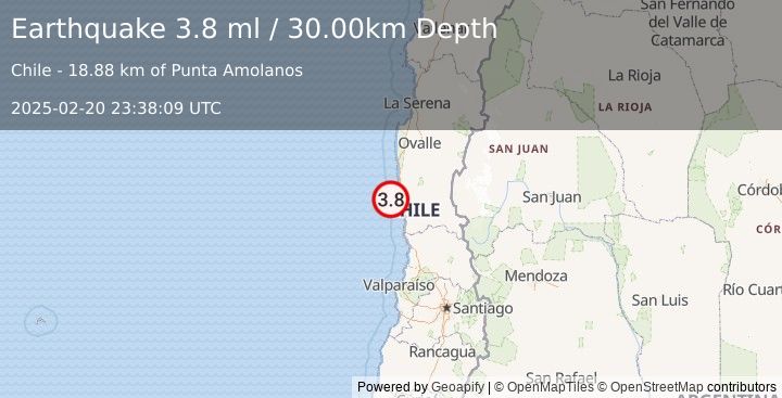 Earthquake OFFSHORE COQUIMBO, CHILE (3.8 ml) (2025-02-20 23:38:09 UTC)