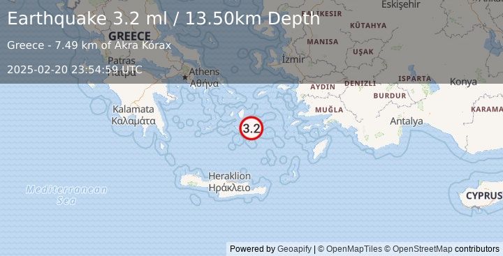 Earthquake DODECANESE ISLANDS, GREECE (3.2 ml) (2025-02-20 23:54:59 UTC)