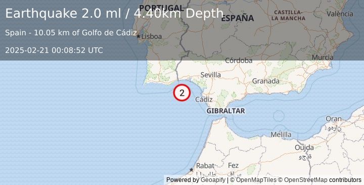 Earthquake STRAIT OF GIBRALTAR (2.0 ml) (2025-02-21 00:08:52 UTC)