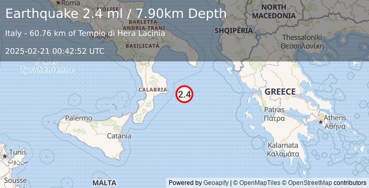 Earthquake SOUTHERN ITALY (2.4 ml) (2025-02-21 00:42:52 UTC)