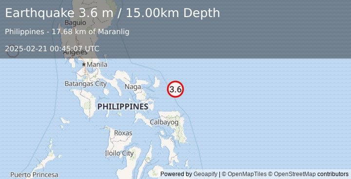 Earthquake PHILIPPINE ISLANDS REGION (3.6 m) (2025-02-21 00:45:07 UTC)