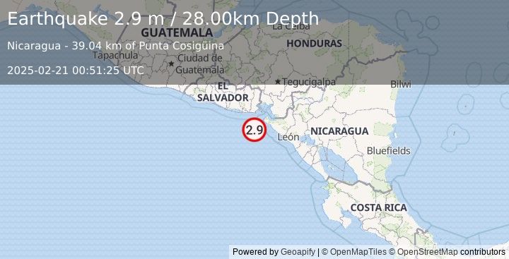 Earthquake NEAR COAST OF NICARAGUA (2.9 m) (2025-02-21 00:51:25 UTC)