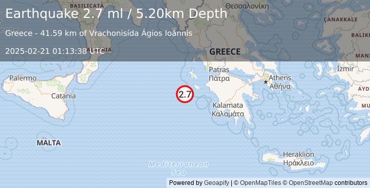 Earthquake IONIAN SEA (2.7 ml) (2025-02-21 01:13:38 UTC)