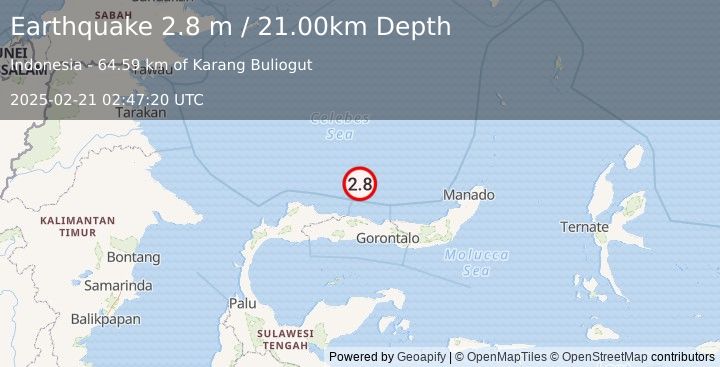 Earthquake MINAHASA, SULAWESI, INDONESIA (2.8 m) (2025-02-21 02:47:20 UTC)