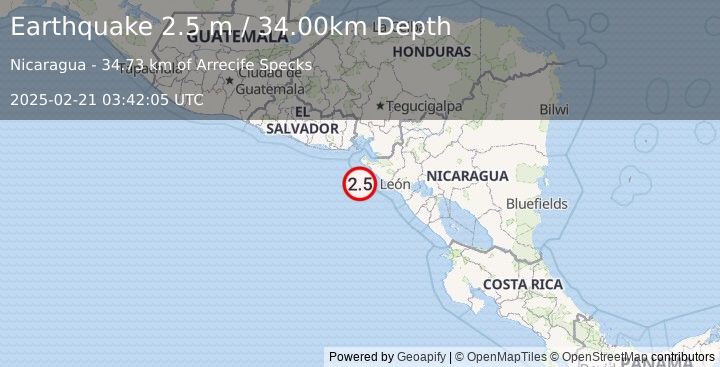 Earthquake NEAR COAST OF NICARAGUA (2.5 m) (2025-02-21 03:42:05 UTC)