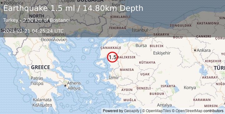 Earthquake WESTERN TURKEY (1.5 ml) (2025-02-21 04:25:24 UTC)