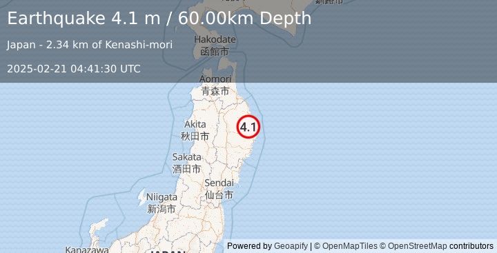 Earthquake EASTERN HONSHU, JAPAN (4.1 m) (2025-02-21 04:41:30 UTC)