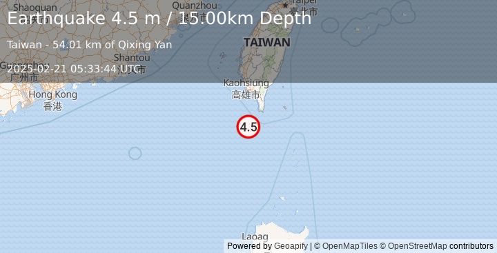 Earthquake TAIWAN REGION (4.5 m) (2025-02-21 05:33:44 UTC)