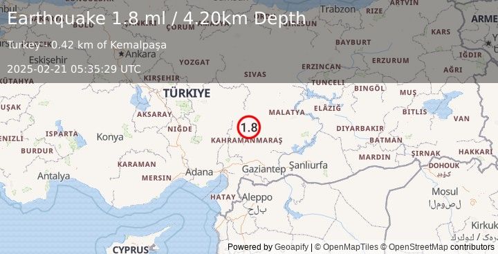 Earthquake CENTRAL TURKEY (1.8 ml) (2025-02-21 05:35:29 UTC)