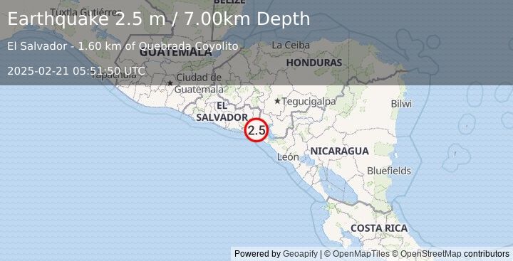 Earthquake GOLFO DE FONSECA, EL SALVADOR (2.5 m) (2025-02-21 05:51:50 UTC)