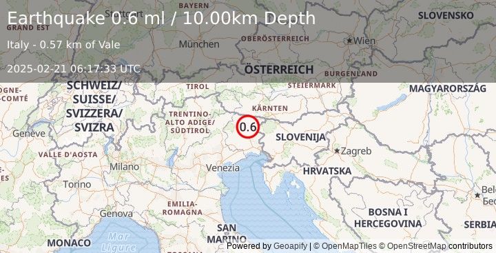 Earthquake NORTHERN ITALY (0.6 ml) (2025-02-21 06:17:33 UTC)