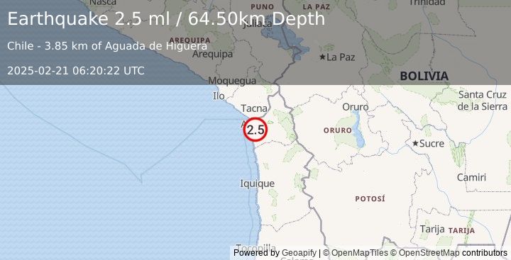 Earthquake TARAPACA, CHILE (2.5 ml) (2025-02-21 06:20:22 UTC)