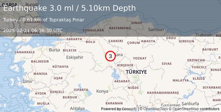 Earthquake CENTRAL TURKEY (3.0 ml) (2025-02-21 06:36:30 UTC)