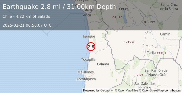 Earthquake TARAPACA, CHILE (2.8 ml) (2025-02-21 06:50:07 UTC)