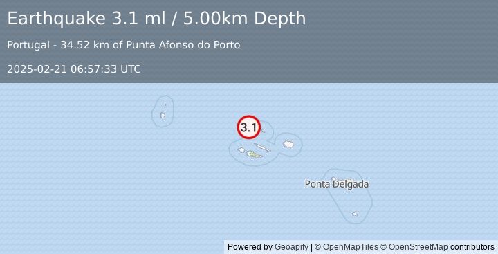 Earthquake AZORES ISLANDS, PORTUGAL (3.1 ml) (2025-02-21 06:57:33 UTC)