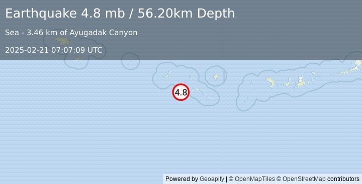 Earthquake RAT ISLANDS, ALEUTIAN ISLANDS (4.8 mb) (2025-02-21 07:07:09 UTC)