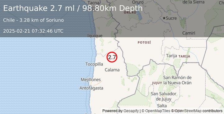 Earthquake ANTOFAGASTA, CHILE (2.7 ml) (2025-02-21 07:32:46 UTC)