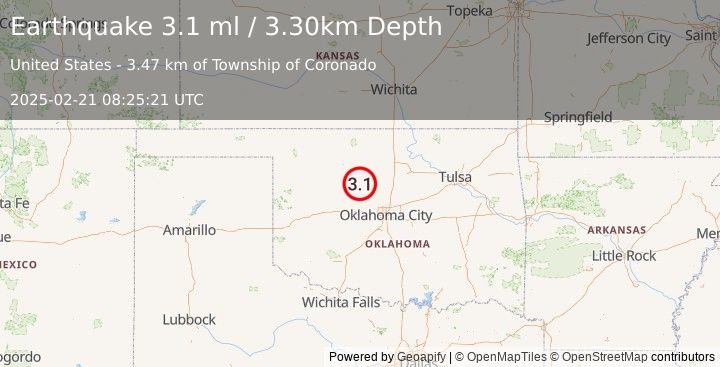 Earthquake OKLAHOMA (3.1 ml) (2025-02-21 08:25:21 UTC)