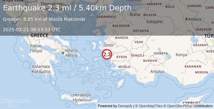 Earthquake DODECANESE ISLANDS, GREECE (2.3 ml) (2025-02-21 08:53:53 UTC)