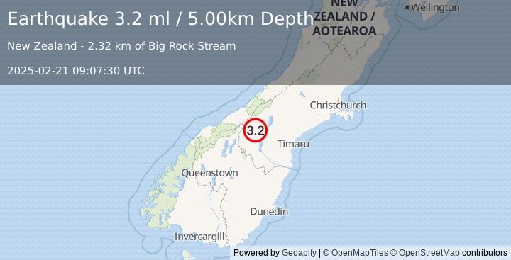 Earthquake SOUTH ISLAND OF NEW ZEALAND (3.2 ml) (2025-02-21 09:07:30 UTC)