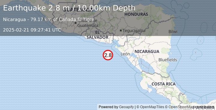 Earthquake NEAR COAST OF NICARAGUA (2.8 m) (2025-02-21 09:27:41 UTC)