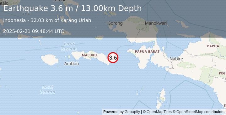 Earthquake CERAM SEA, INDONESIA (3.6 m) (2025-02-21 09:48:44 UTC)