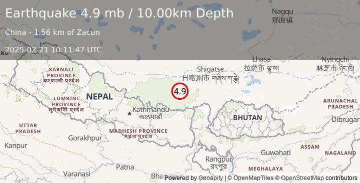 Earthquake WESTERN XIZANG (4.9 mb) (2025-02-21 10:11:47 UTC)