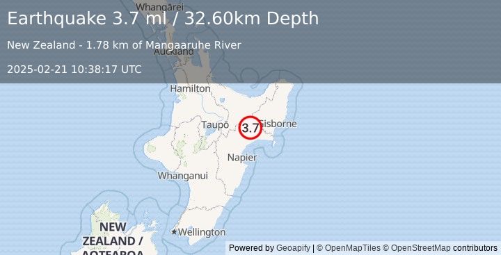 Earthquake NORTH ISLAND OF NEW ZEALAND (3.7 ml) (2025-02-21 10:38:17 UTC)