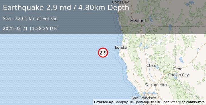 Earthquake OFFSHORE NORTHERN CALIFORNIA (2.9 md) (2025-02-21 11:28:25 UTC)