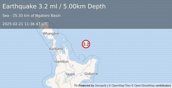 Earthquake OFF E. COAST OF N. ISLAND, N.Z. (3.2 ml) (2025-02-21 11:36:47 UTC)