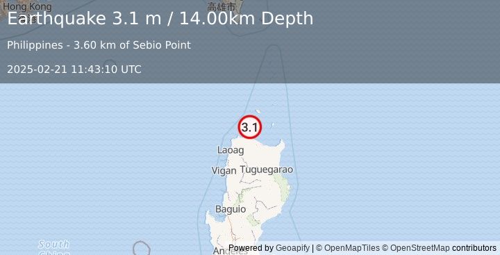 Earthquake LUZON, PHILIPPINES (3.1 m) (2025-02-21 11:43:10 UTC)