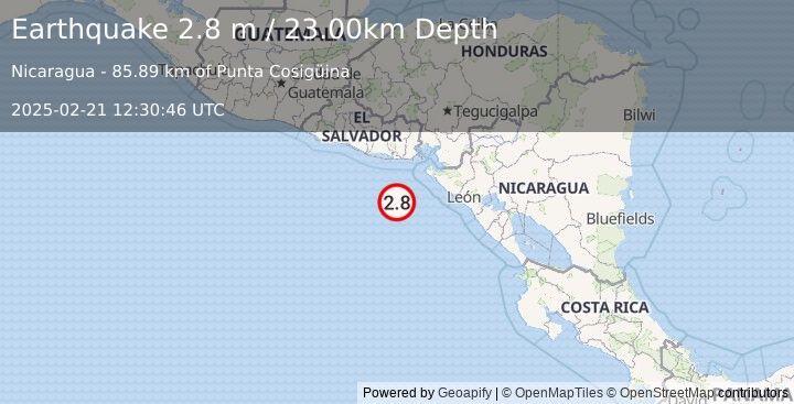 Earthquake NEAR COAST OF NICARAGUA (2.8 m) (2025-02-21 12:30:46 UTC)