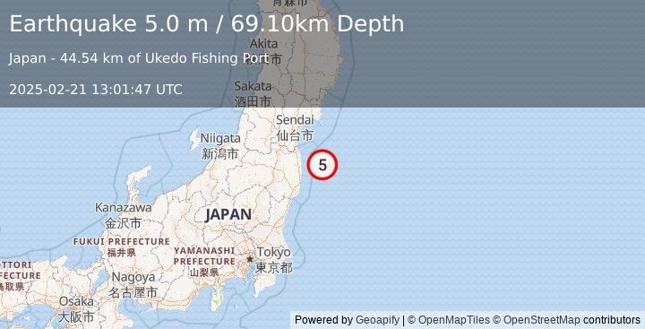 Earthquake NEAR EAST COAST OF HONSHU, JAPAN (4.8 mw) (2025-02-21 13:01:46 UTC)