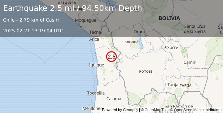 Earthquake TARAPACA, CHILE (2.5 ml) (2025-02-21 13:19:04 UTC)