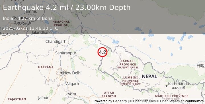 Earthquake NEPAL-INDIA BORDER REGION (3.9 ml) (2025-02-21 13:46:33 UTC)