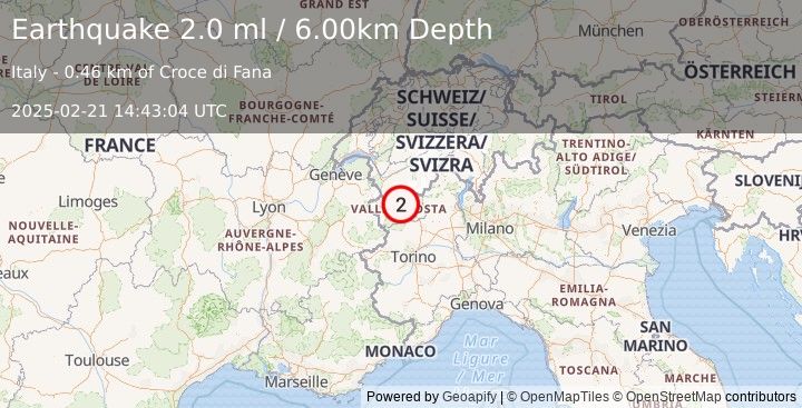 Earthquake NORTHERN ITALY (2.0 ml) (2025-02-21 14:43:04 UTC)