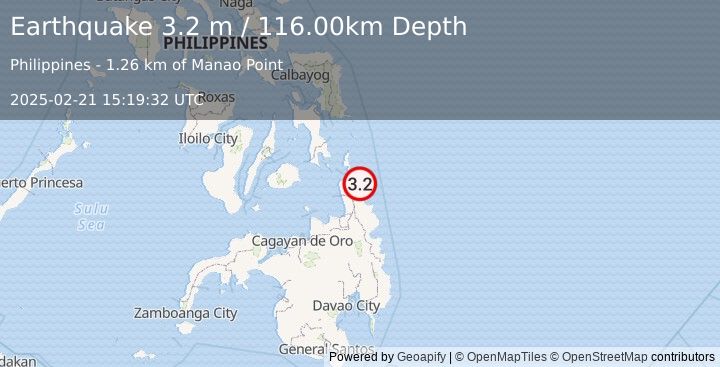 Earthquake MINDANAO, PHILIPPINES (3.2 m) (2025-02-21 15:19:32 UTC)