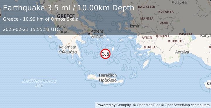 Earthquake SOUTHERN GREECE (3.5 ml) (2025-02-21 15:55:51 UTC)