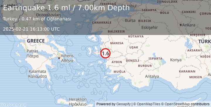 Earthquake WESTERN TURKEY (1.6 ml) (2025-02-21 16:13:00 UTC)