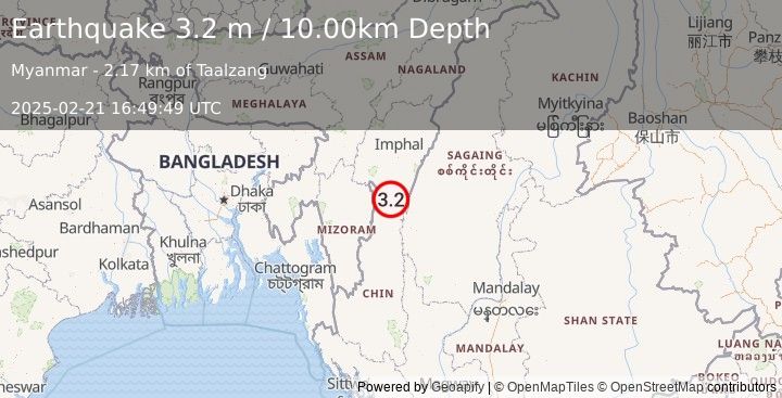 Earthquake MYANMAR-INDIA BORDER REGION (3.2 m) (2025-02-21 16:49:49 UTC)